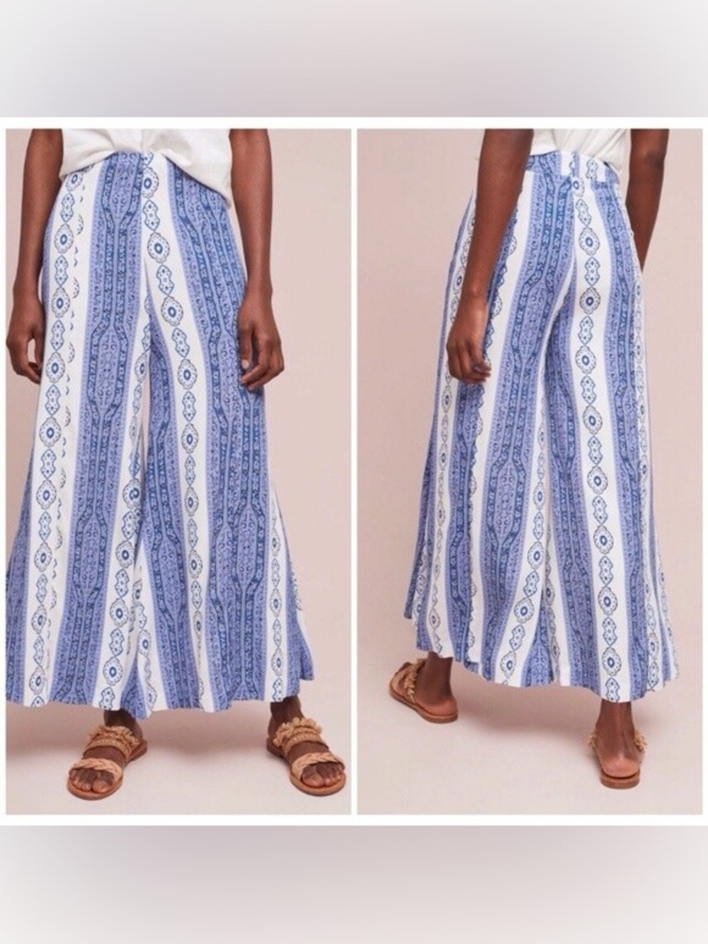 Anthropologie ETT:TWA Manon High Waist Flared Wide Leg Pants Size 10 Blue White